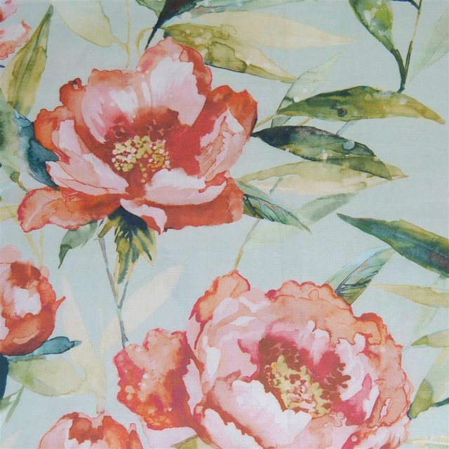 Large coral-red and blush watercolour flowers with green leaves on a pale ground