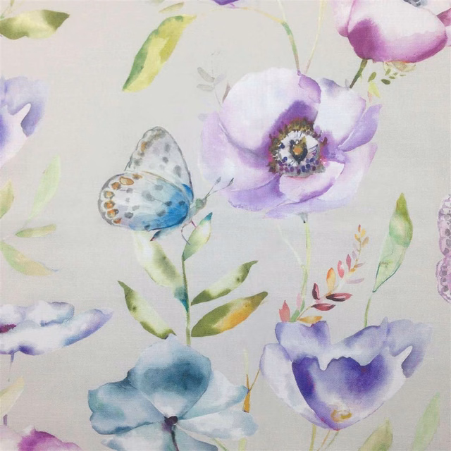 Watercolour floral fabric with lilac blooms, butterfly and green leaves on white ground
