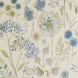 Cream fabric swatch with scattered blue and green floral stems