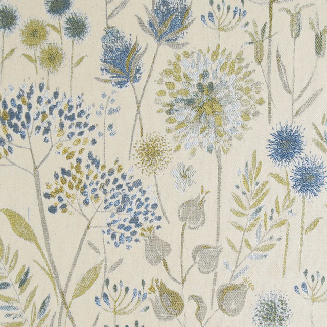 Cream fabric swatch with scattered blue and green floral stems