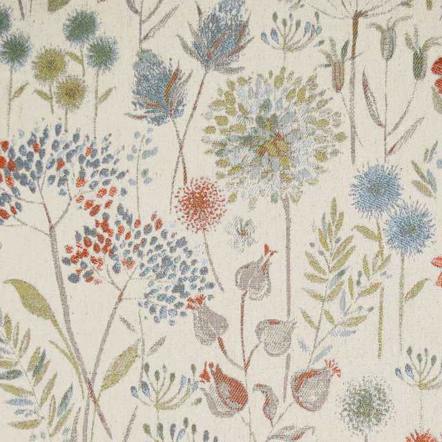 Cream woven fabric with painterly multicolour floral stems and seed heads