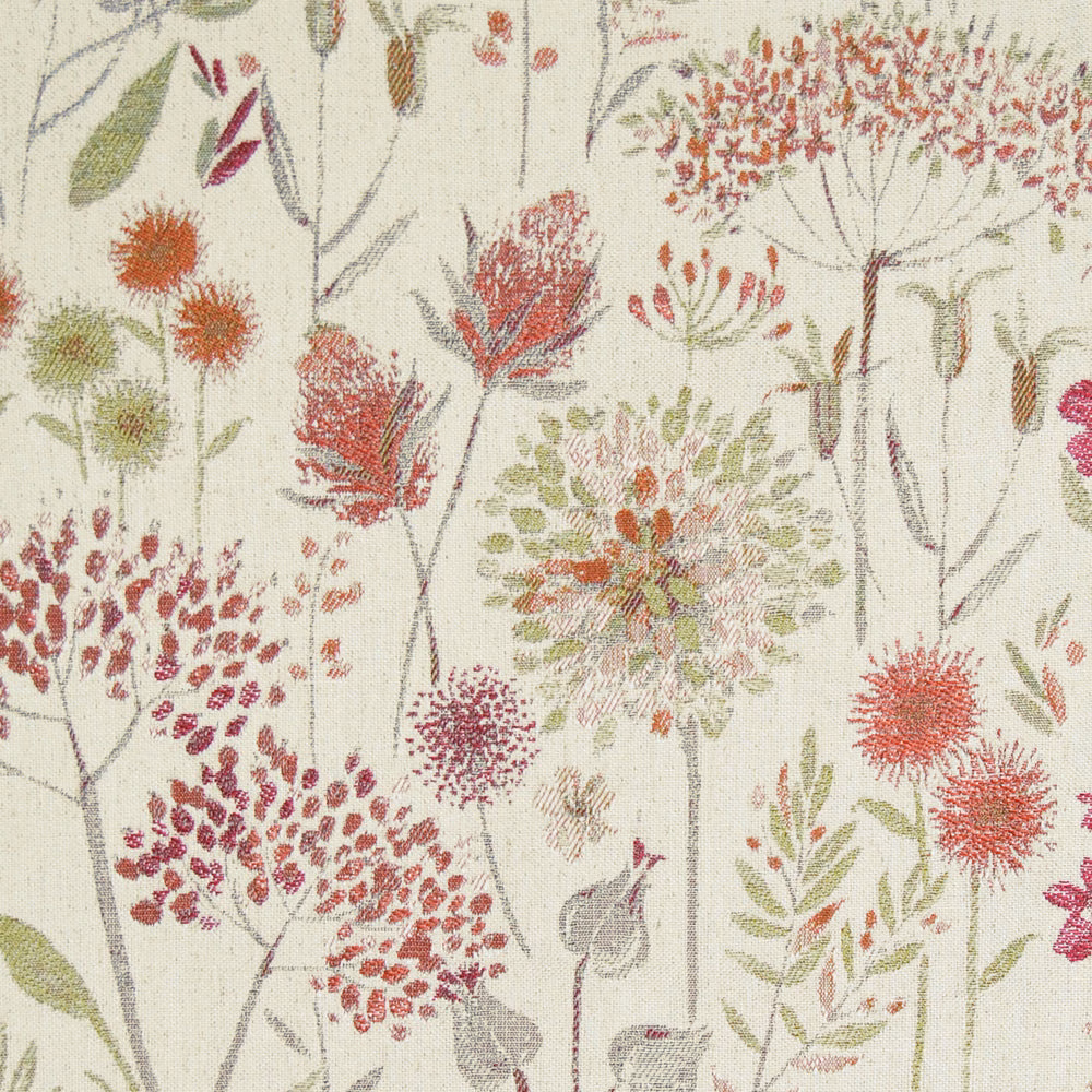 Ivory botanical curtain fabric with crimson and pink meadow flowers