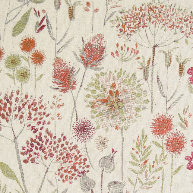 Ivory botanical curtain fabric with crimson and pink meadow flowers