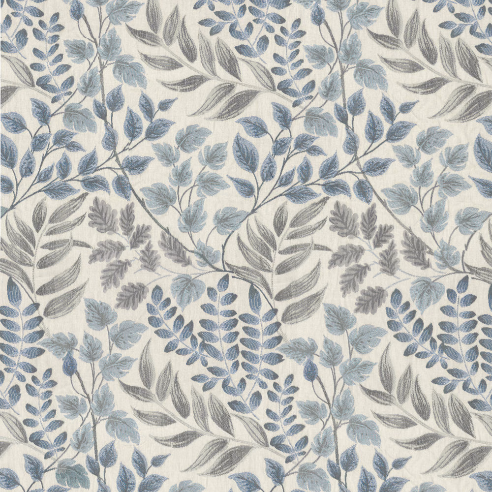 Blue and grey leafy botanical print on an ivory woven fabric swatch
