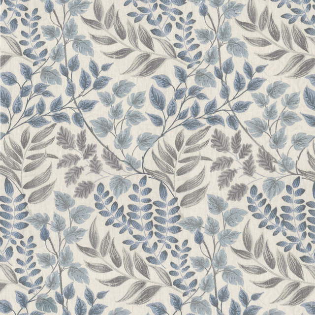 Blue and grey leafy botanical print on an ivory woven fabric swatch