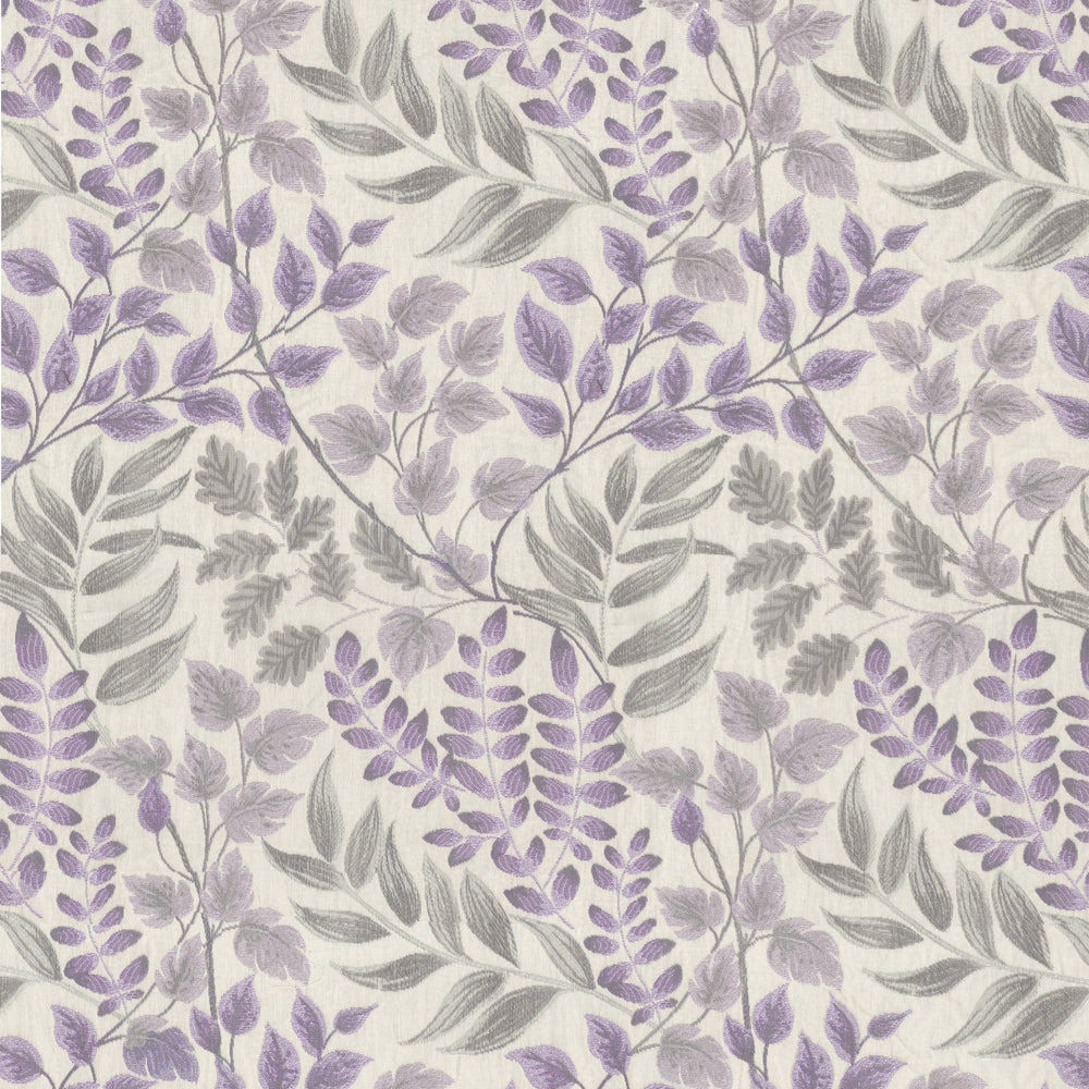 Lilac and grey trailing leaf botanical print on a cream woven ground