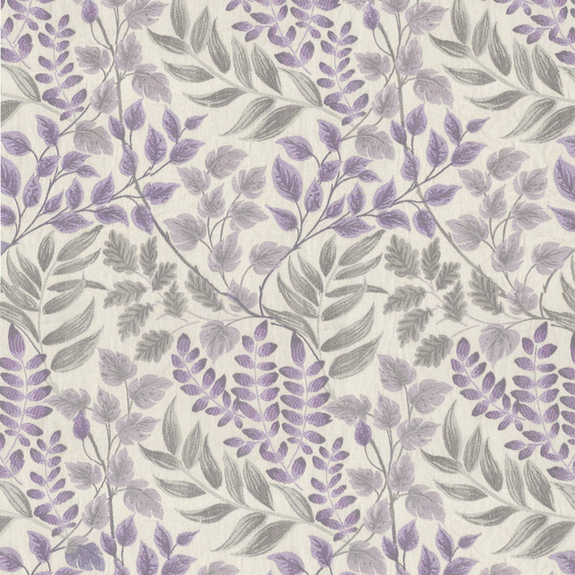 Lilac and grey trailing leaf botanical print on a cream woven ground