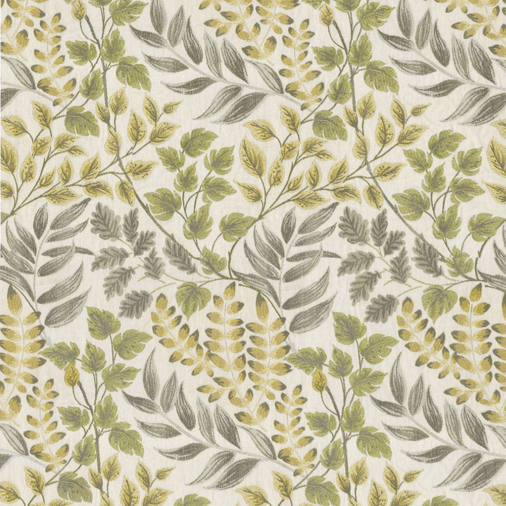 Leafy botanical fabric in soft olive yellow, grey green and ivory