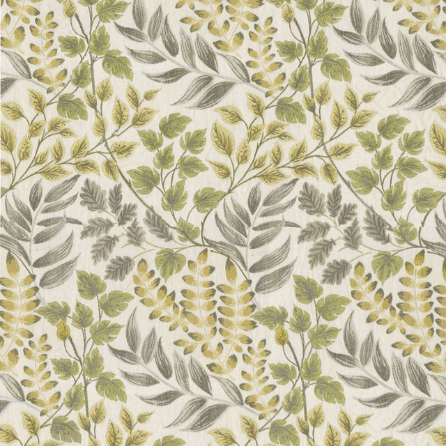 Leafy botanical fabric in soft olive yellow, grey green and ivory