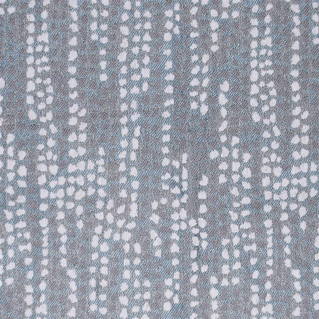 Grey woven fabric with pale dotted vertical pattern and blue undertones