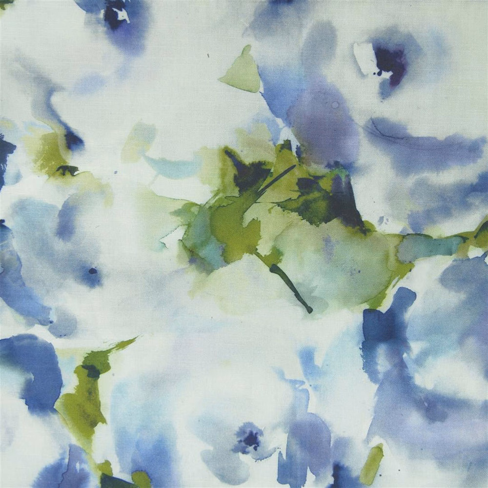 Painterly blue and green abstract fabric swatch on a pale ground