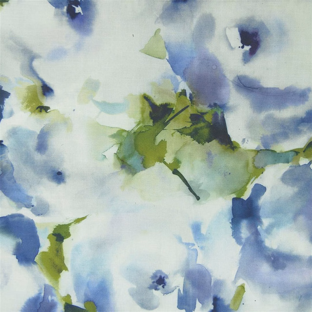 Painterly blue and green abstract fabric swatch on a pale ground