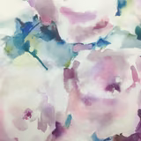 Painterly lilac, blush and teal abstract floral fabric on a pale ground
