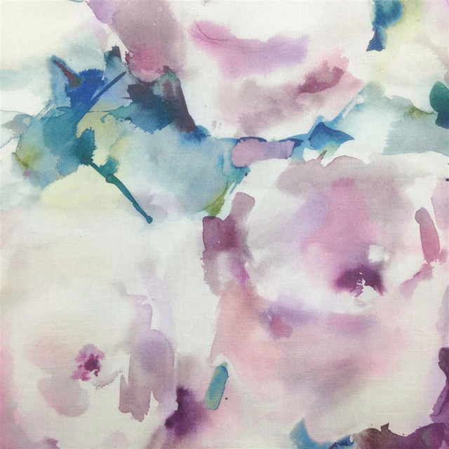 Painterly lilac, blush and teal abstract floral fabric on a pale ground