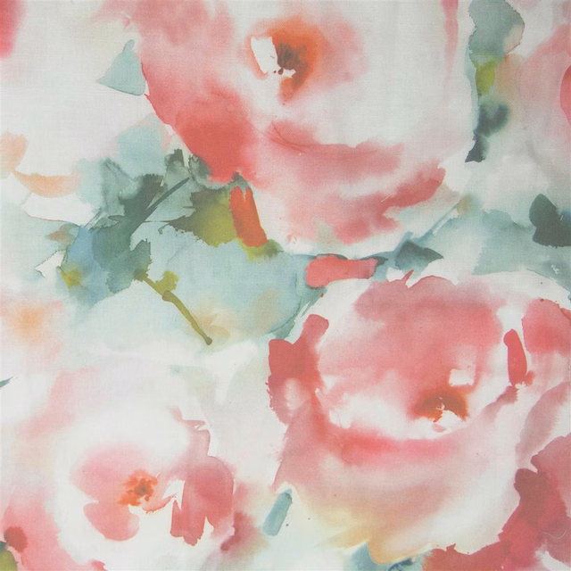 Watercolour rose-red floral fabric with mint green and white painterly blooms