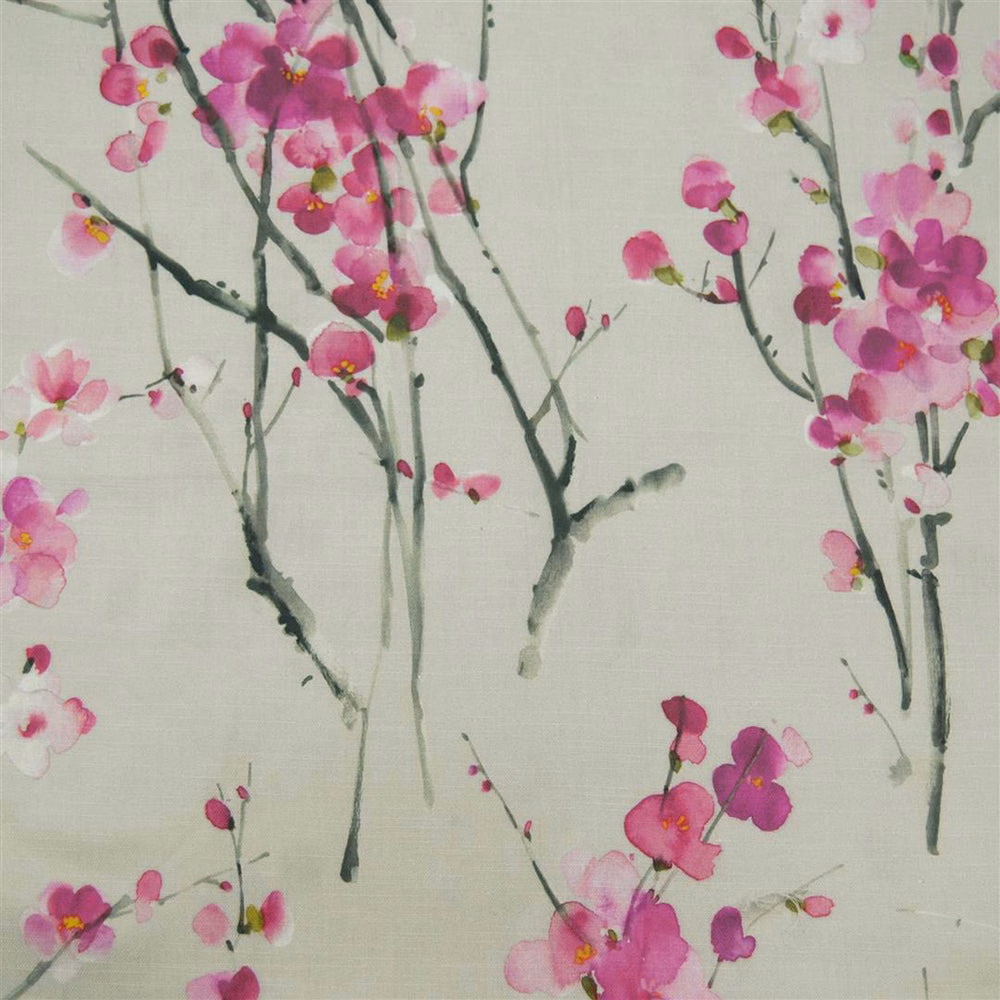 Large pink blossom print on ivory fabric with grey-green stems