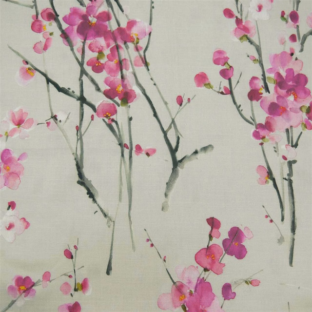 Large pink blossom print on ivory fabric with grey-green stems