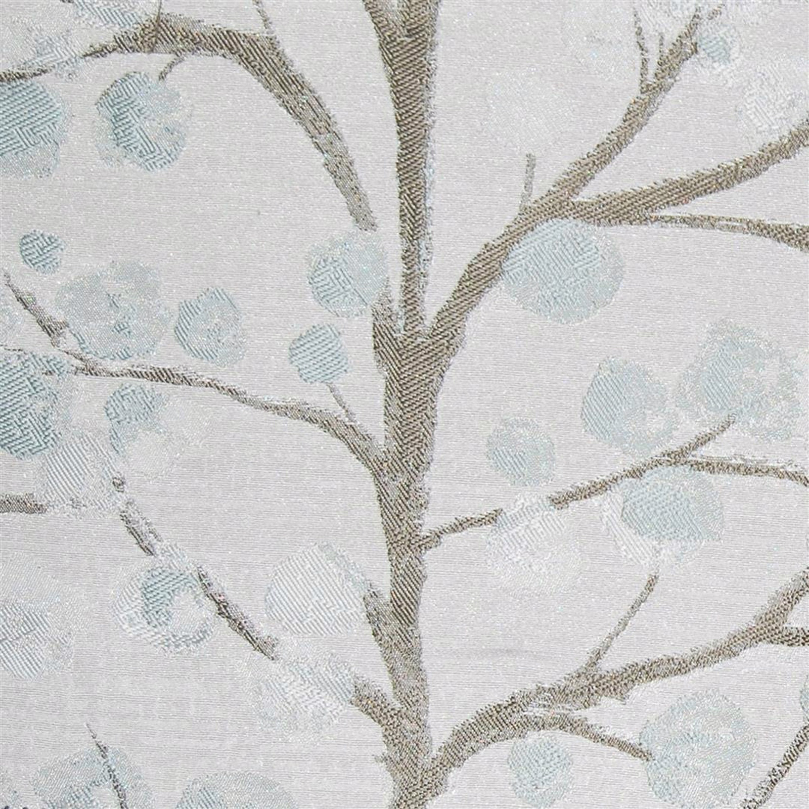Grey botanical fabric swatch with taupe branches and pale blue circular leaves