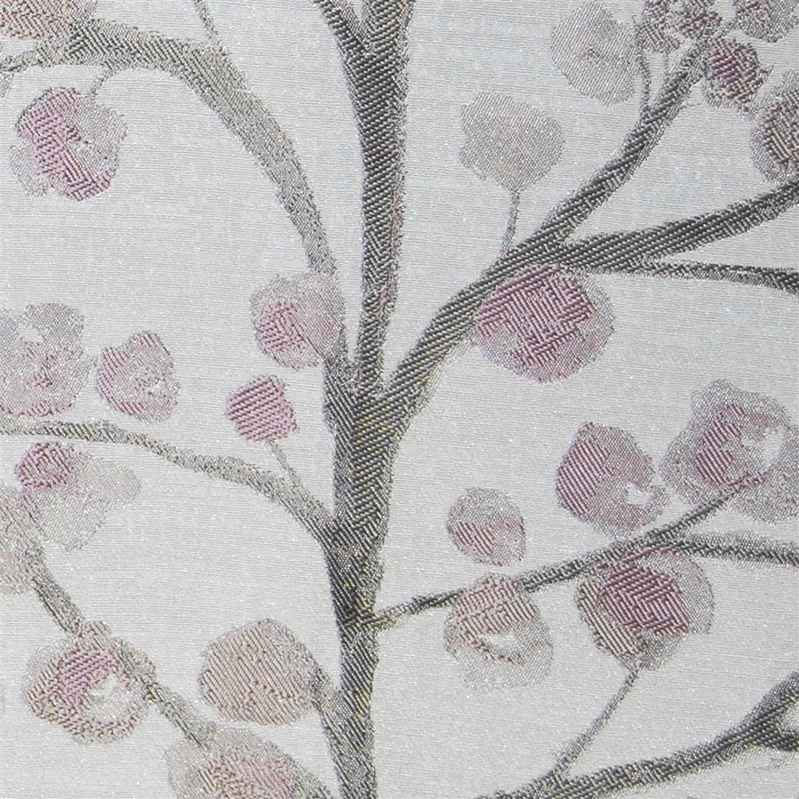 Pale woven botanical fabric with grey branches and dusty pink fruit motifs