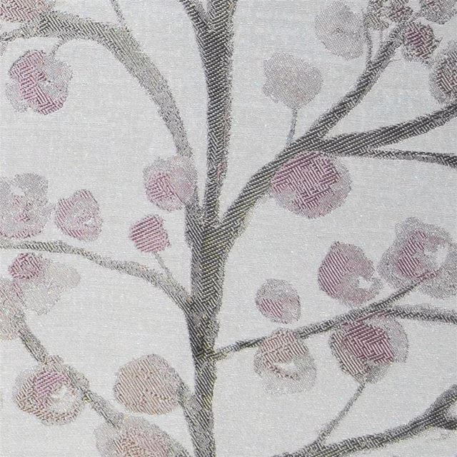 Pale woven botanical fabric with grey branches and dusty pink fruit motifs