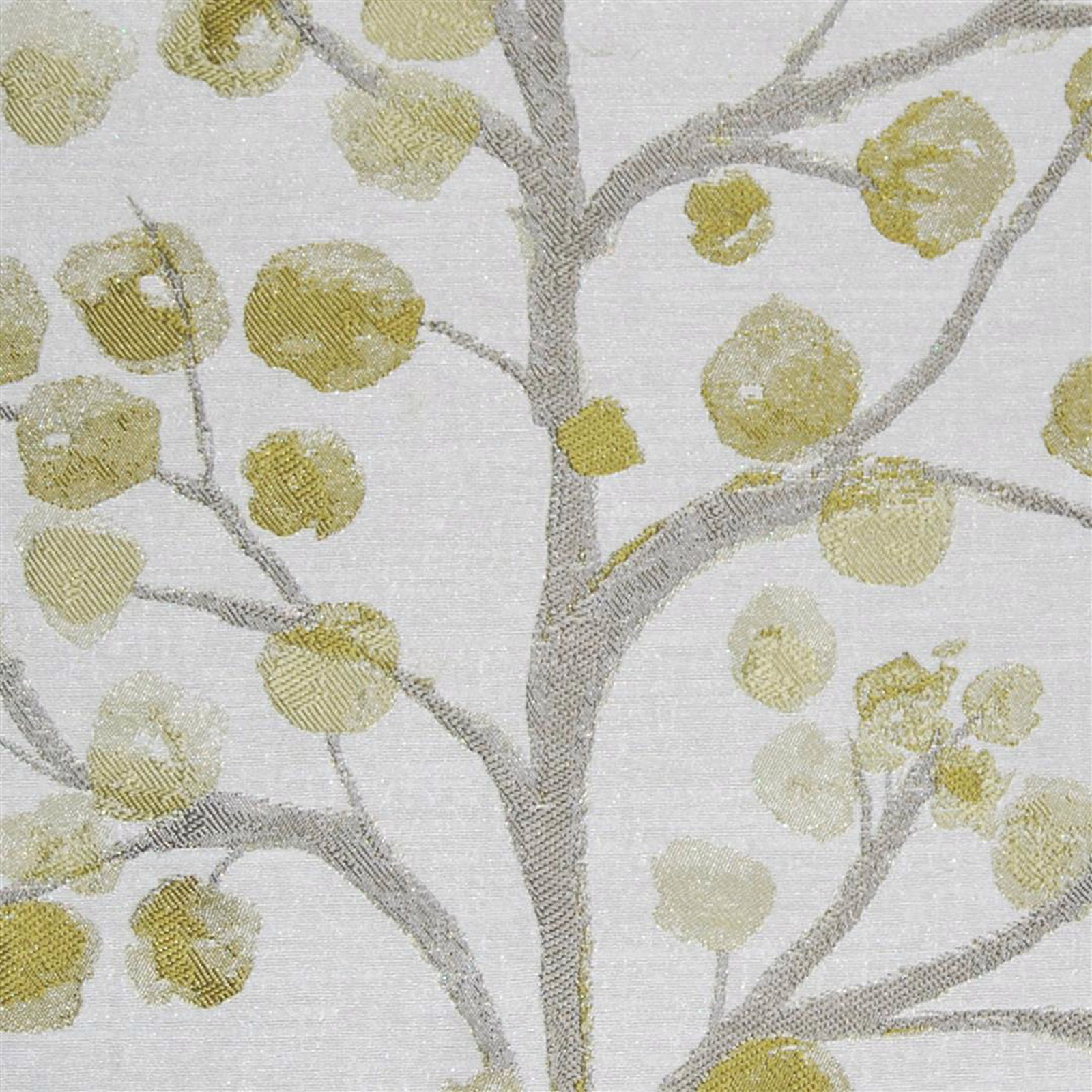 Grey branch motif with muted yellow leaf circles on a pale woven ground
