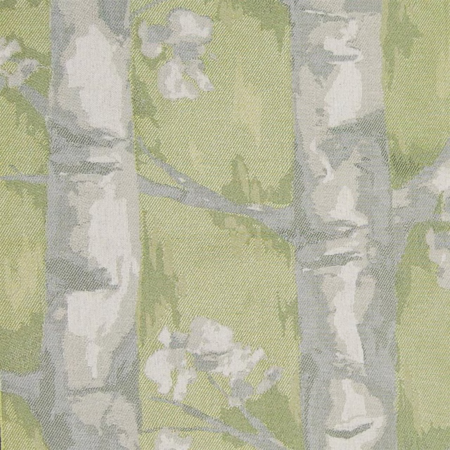 Close-up of Windermere Green floral fabric in soft moss and grey tones