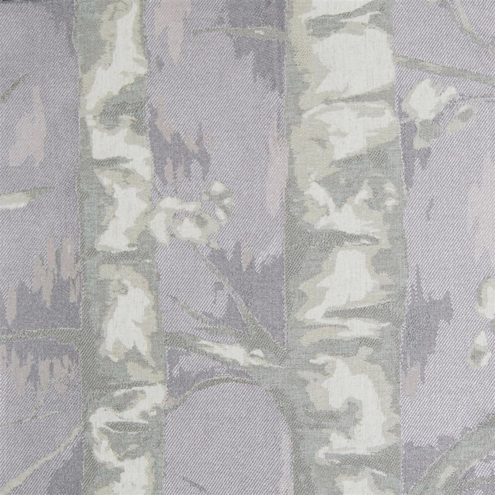 Soft lilac botanical fabric with pale woven tree trunks and leafy motif