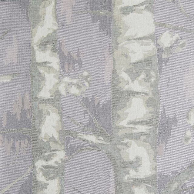Soft lilac botanical fabric with pale woven tree trunks and leafy motif