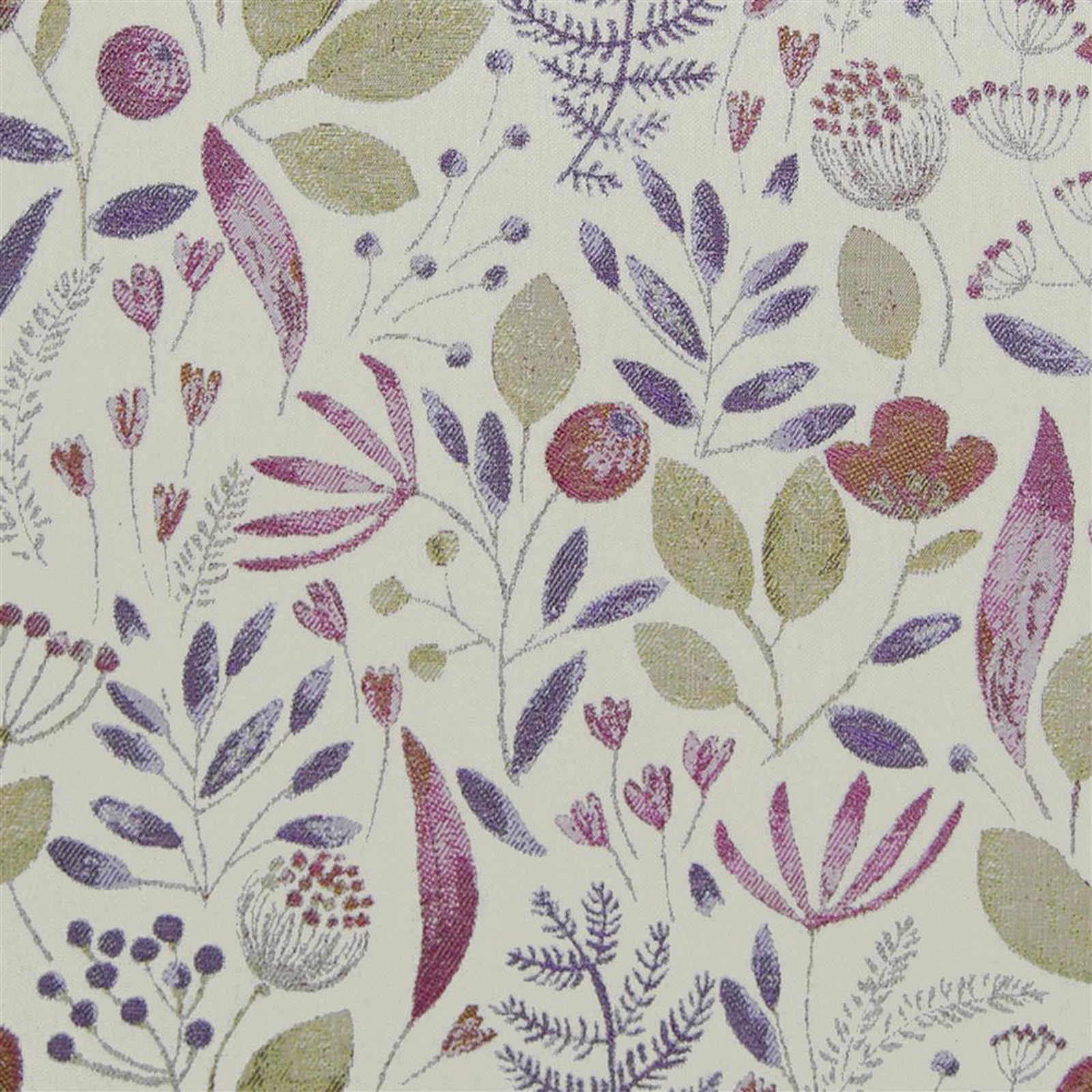 Cream woven fabric with purple and magenta botanical leaves and seedheads