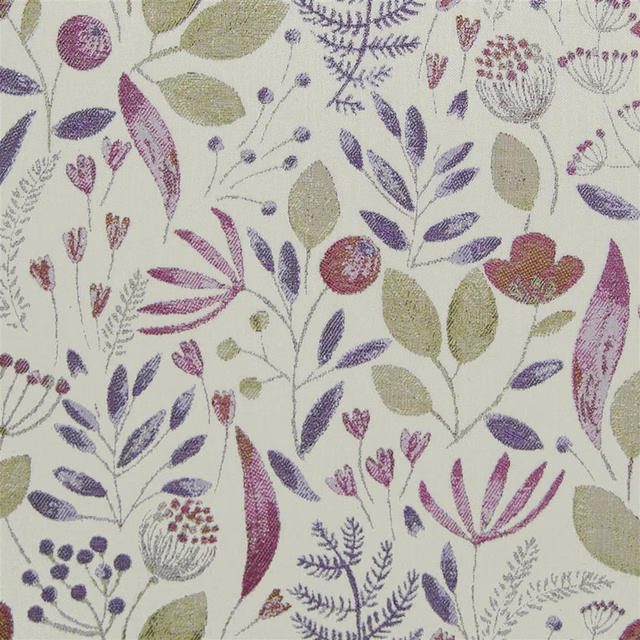 Cream woven fabric with purple and magenta botanical leaves and seedheads