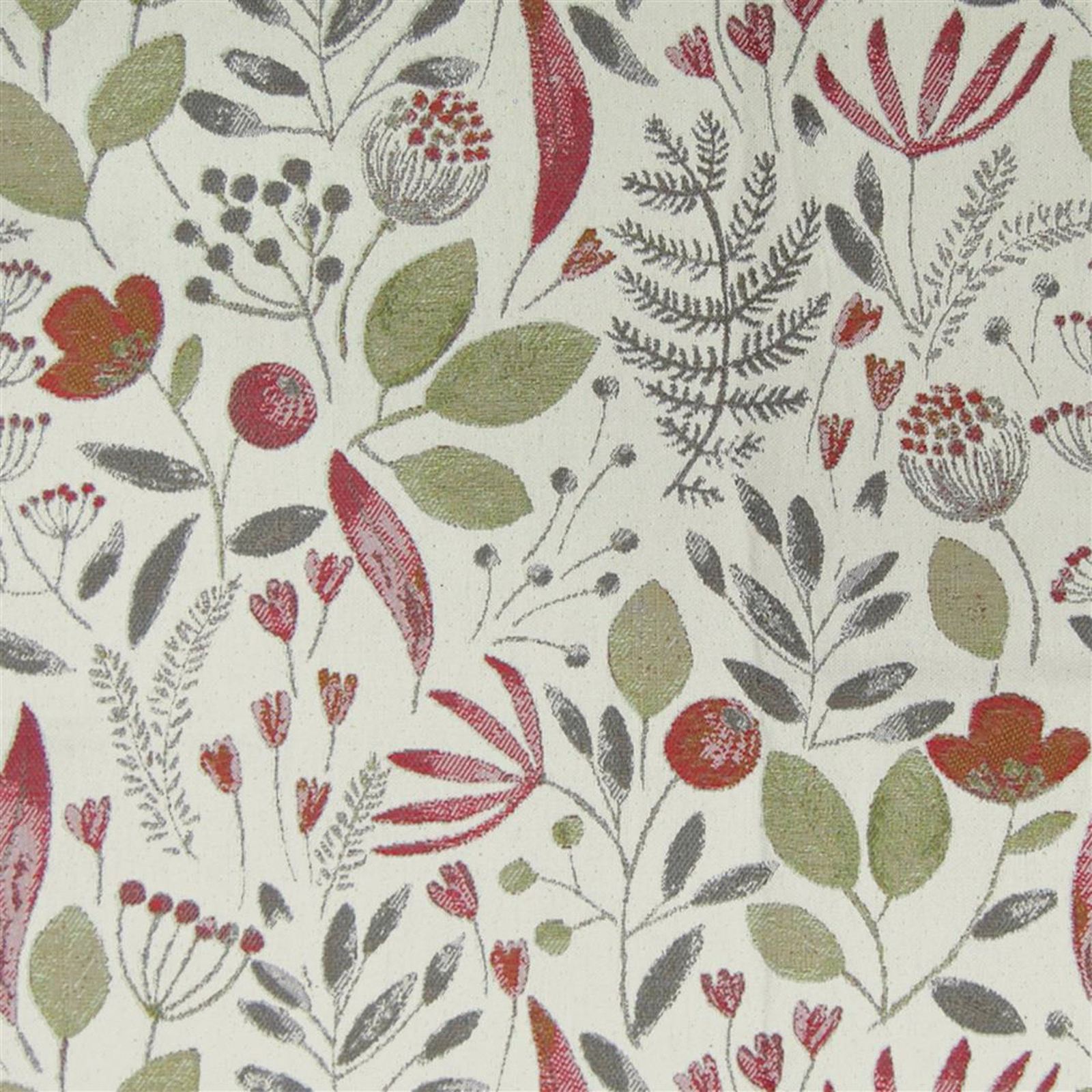 Botanical fabric swatch with soft red, sage and grey leaves on a cream ground