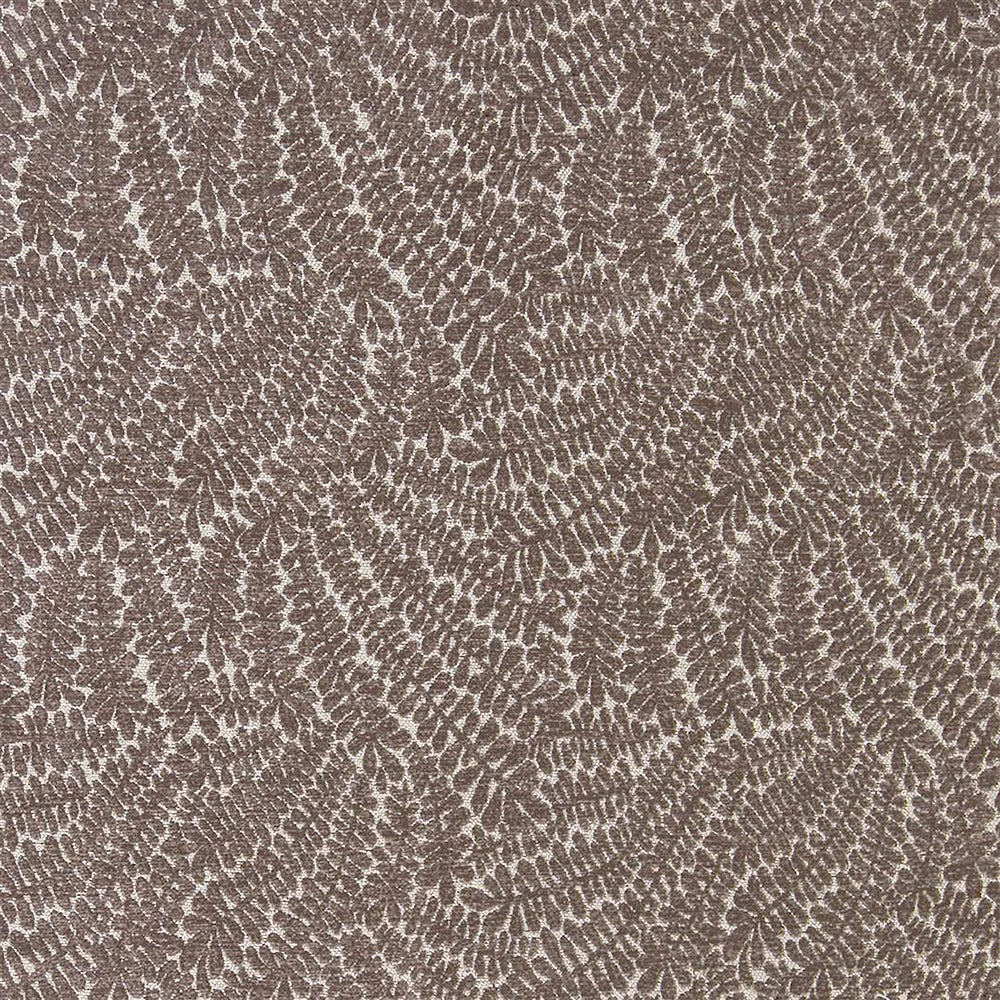 Warm taupe-brown geometric woven fabric with pale leaf-like pattern