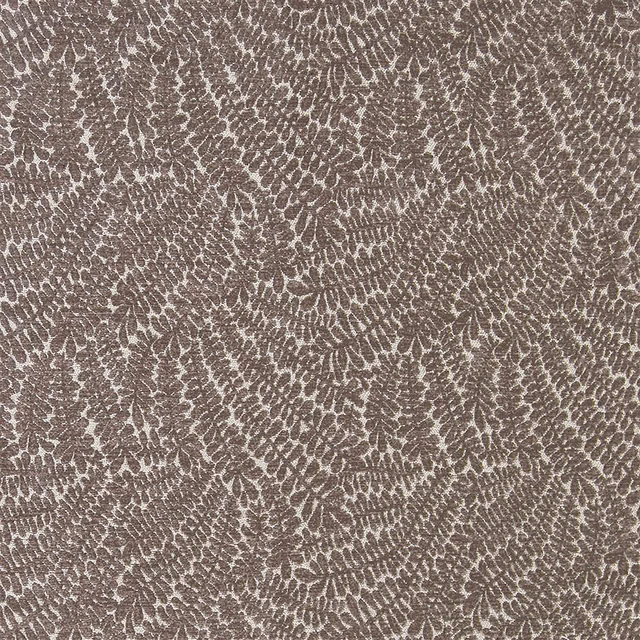 Warm taupe-brown geometric woven fabric with pale leaf-like pattern
