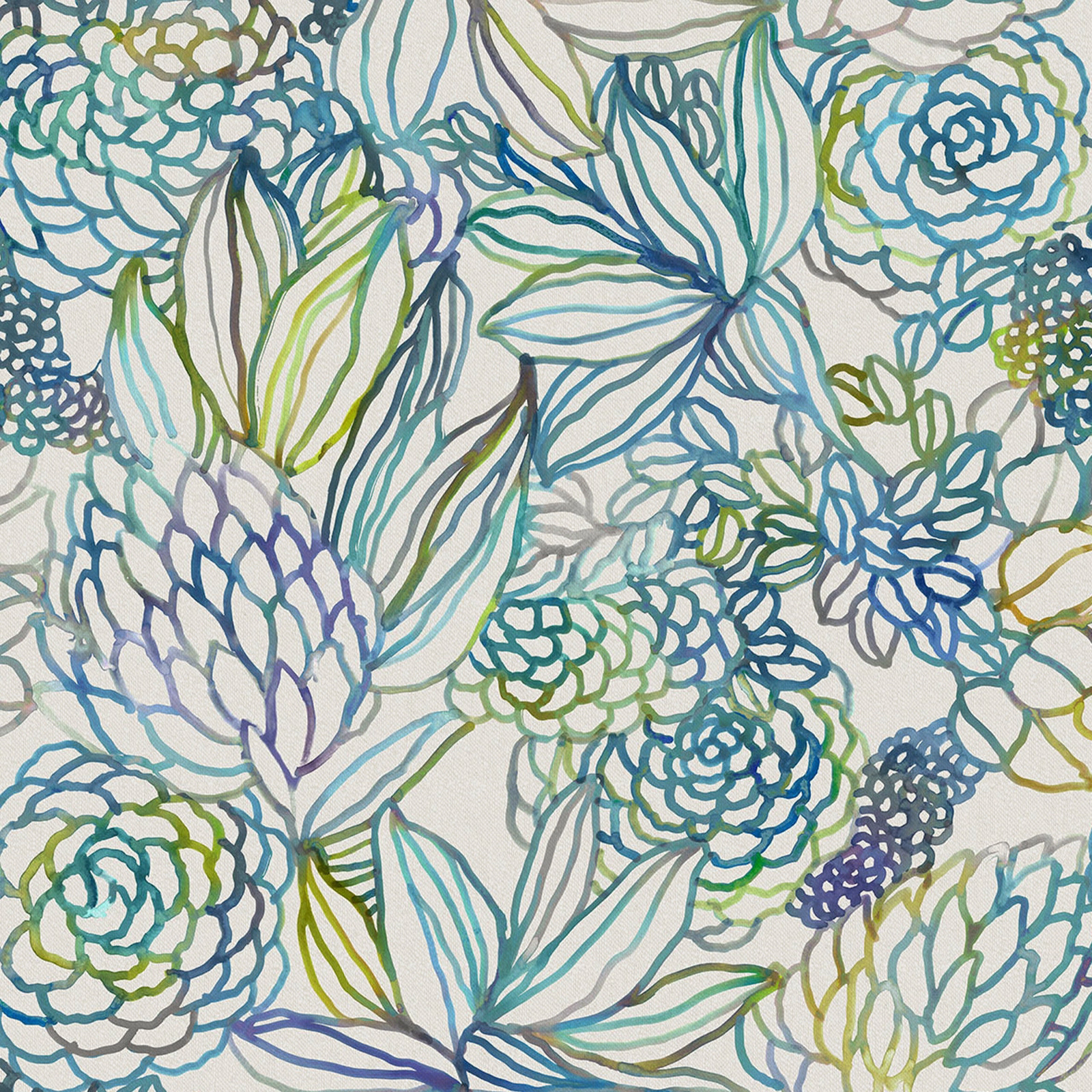 Pale-ground floral fabric with blue, teal, green and lilac outlined leaves and blooms
