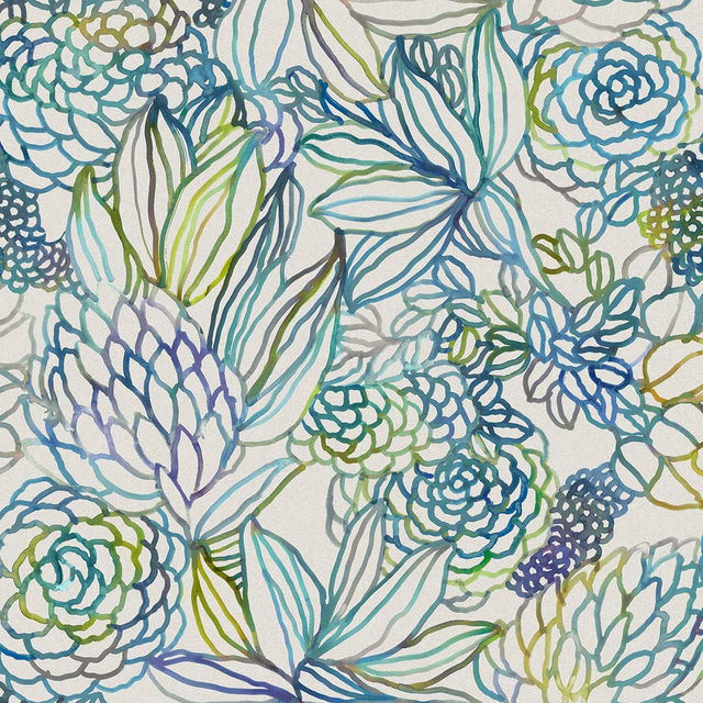 Pale-ground floral fabric with blue, teal, green and lilac outlined leaves and blooms