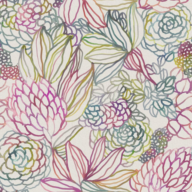 Painterly floral fabric with blush pink outlines, teal and sage blooms on a pale ground