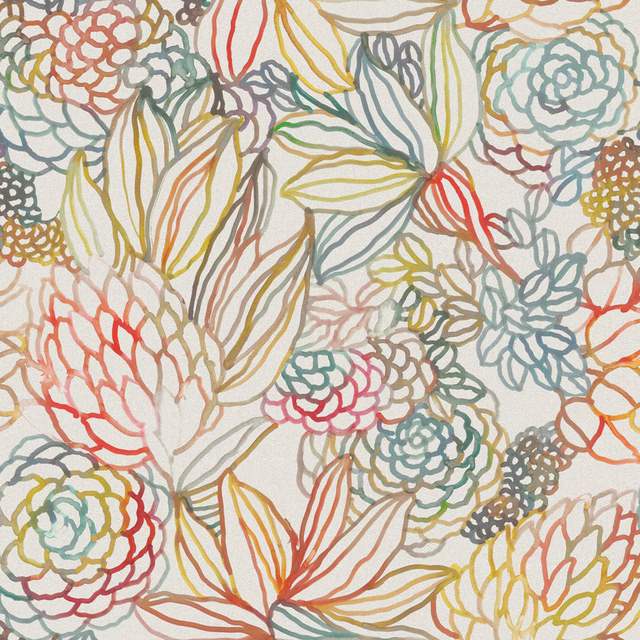 Cream fabric swatch with large outlined floral motifs in coral red, teal, mustard and soft green