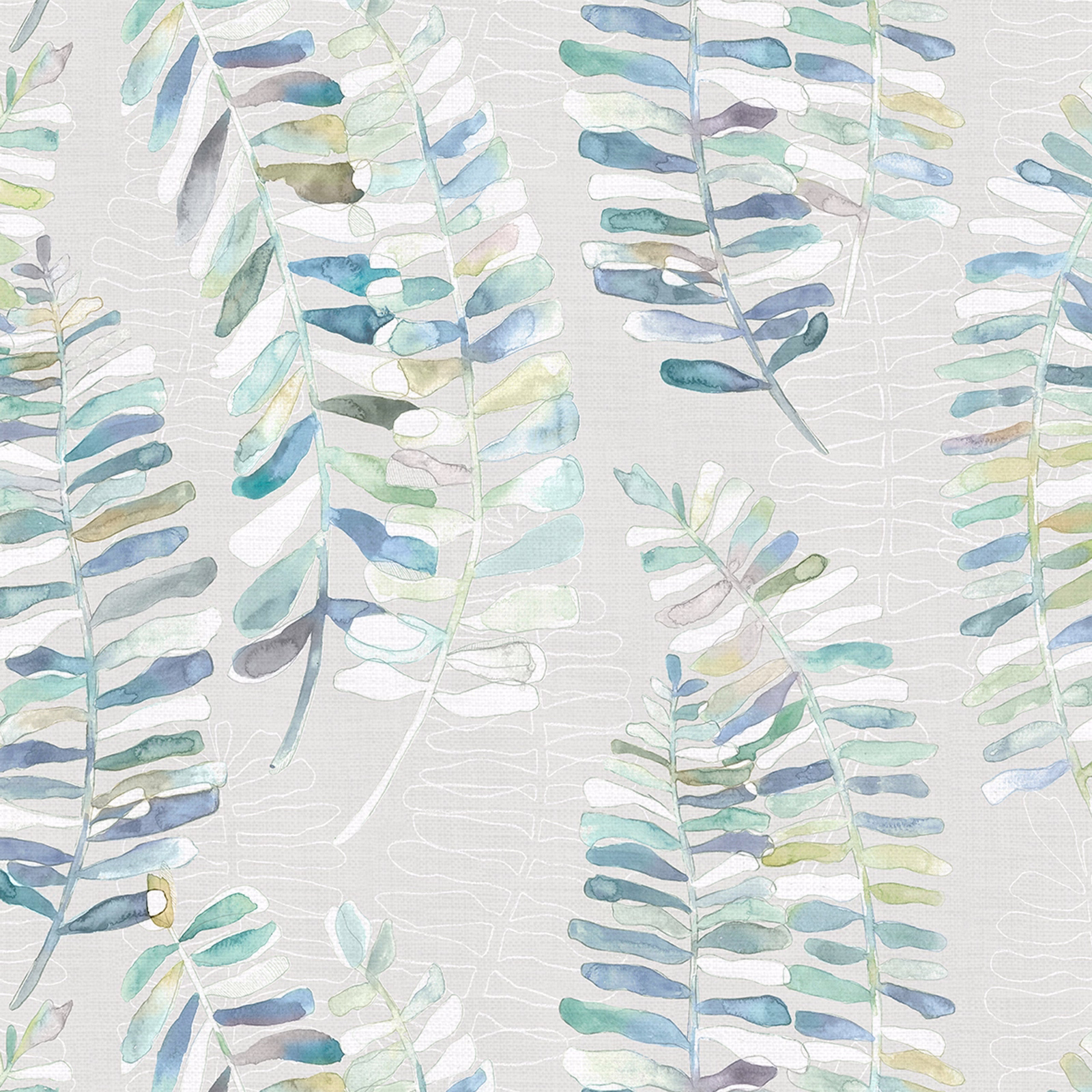 Painterly fern leaf fabric in aqua, blue and soft green on a pale ground