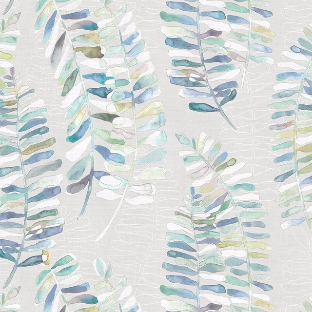 Painterly fern leaf fabric in aqua, blue and soft green on a pale ground
