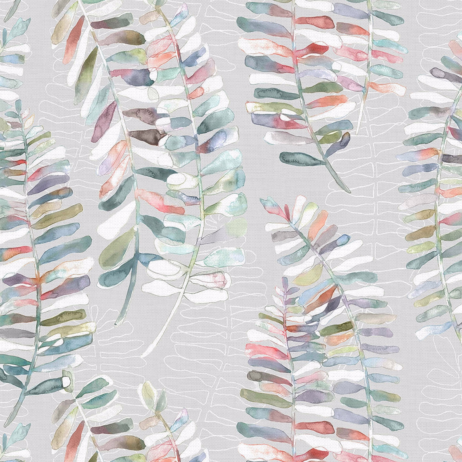 Watercolour fern leaf fabric on a pale grey ground with pastel multicolour fronds