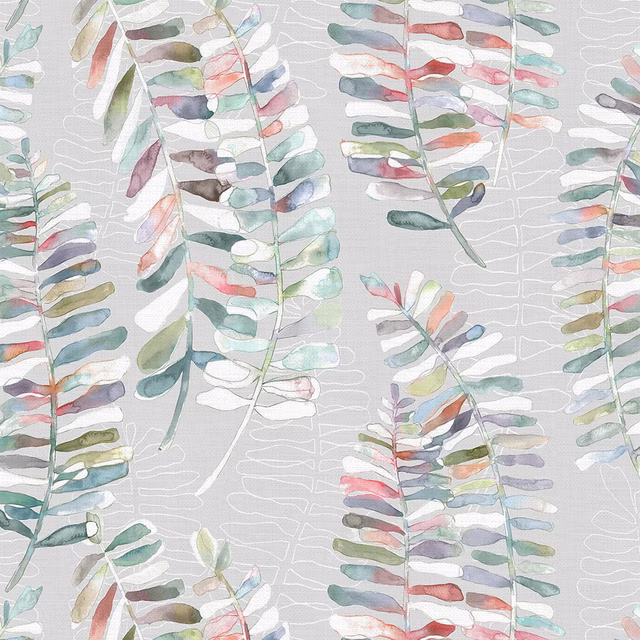 Watercolour fern leaf fabric on a pale grey ground with pastel multicolour fronds