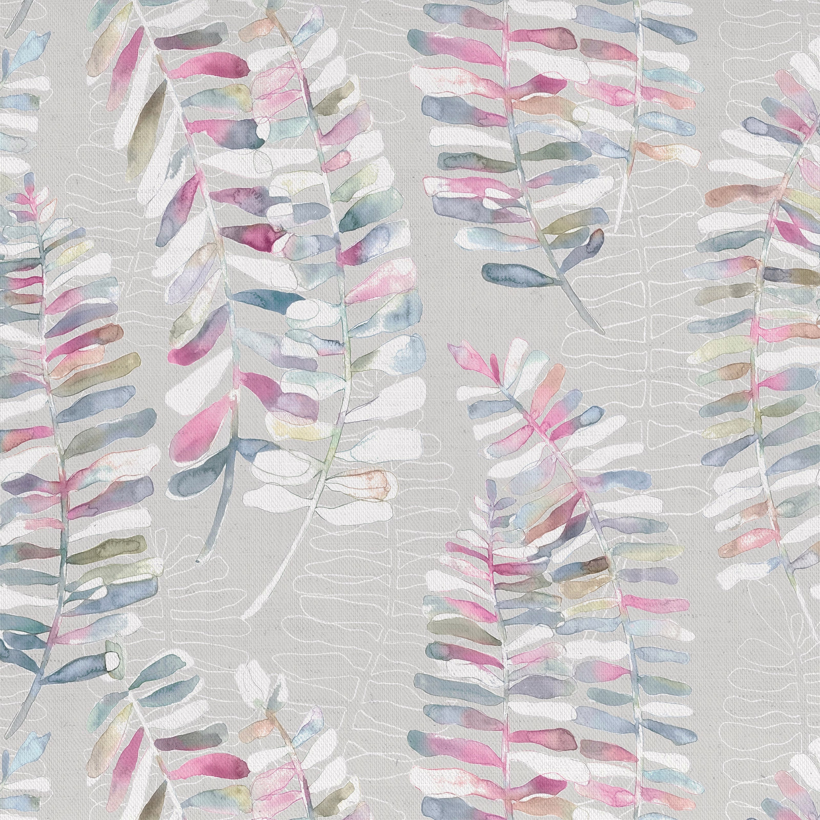 Pastel botanical fabric with pink, blue and sage leafy stems on a pale ground