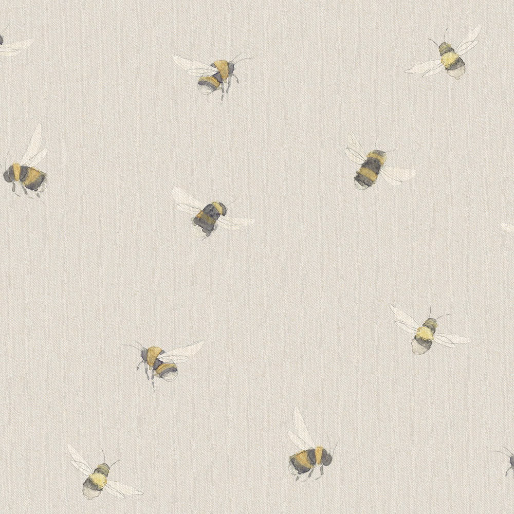 Cream fabric swatch with tiny bee motif in muted yellow and grey