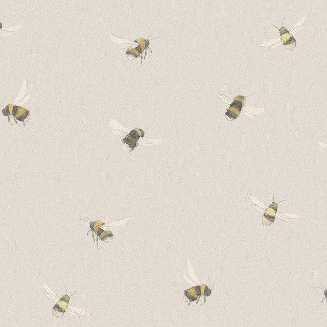 Cream fabric swatch with tiny bee motif in muted yellow and grey