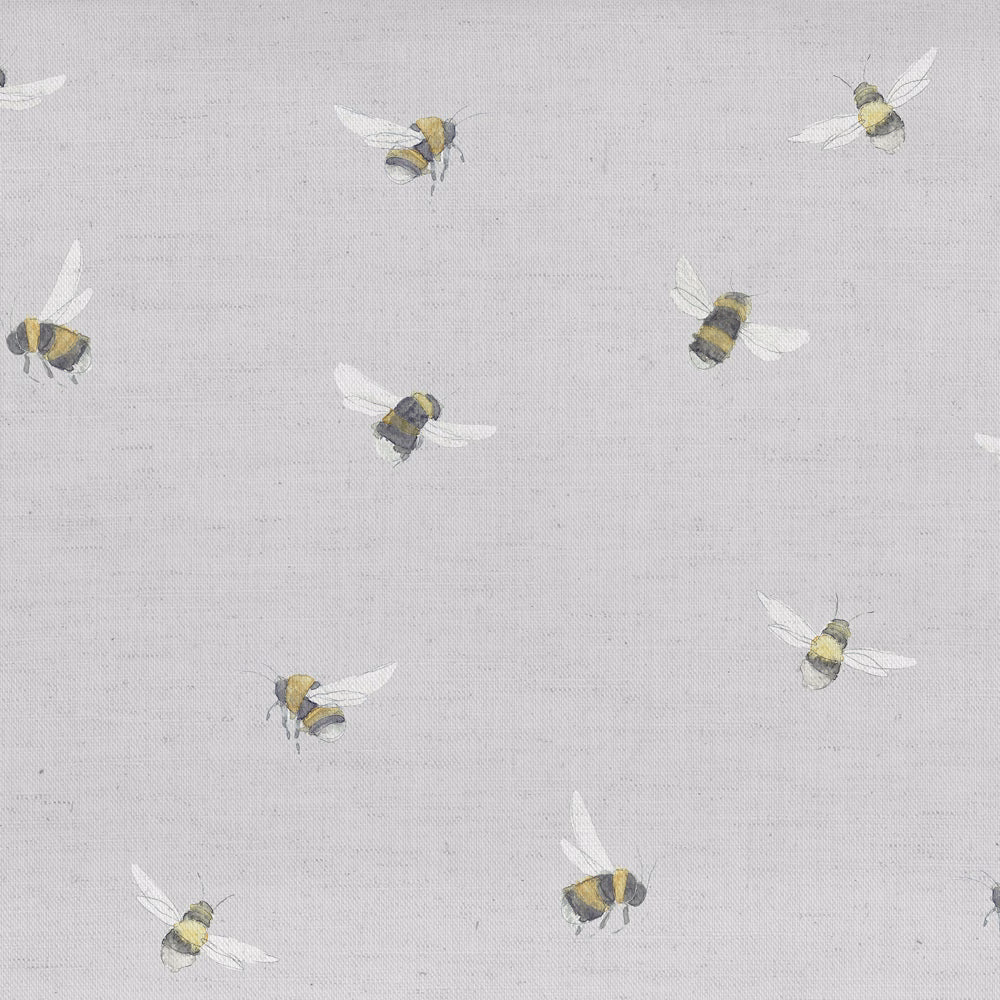 Grey fabric swatch with small bee motif in yellow, charcoal and white wings