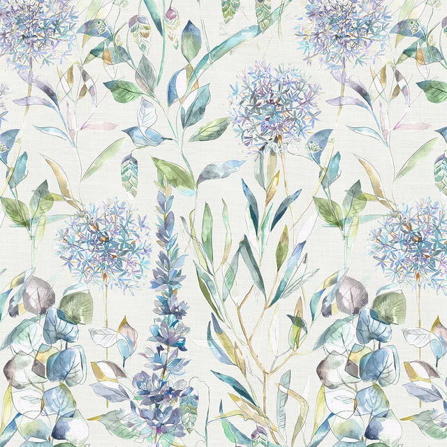 Painterly blue and sage botanical fabric with floral stems on ivory