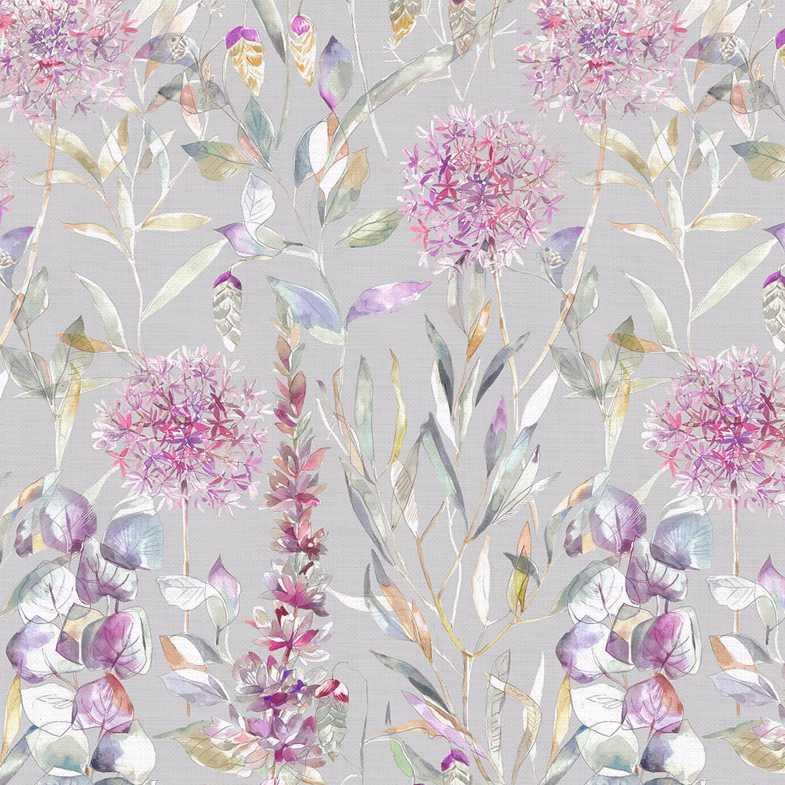Painterly botanical fabric with lilac pink flowers and pale leaves on a grey ground