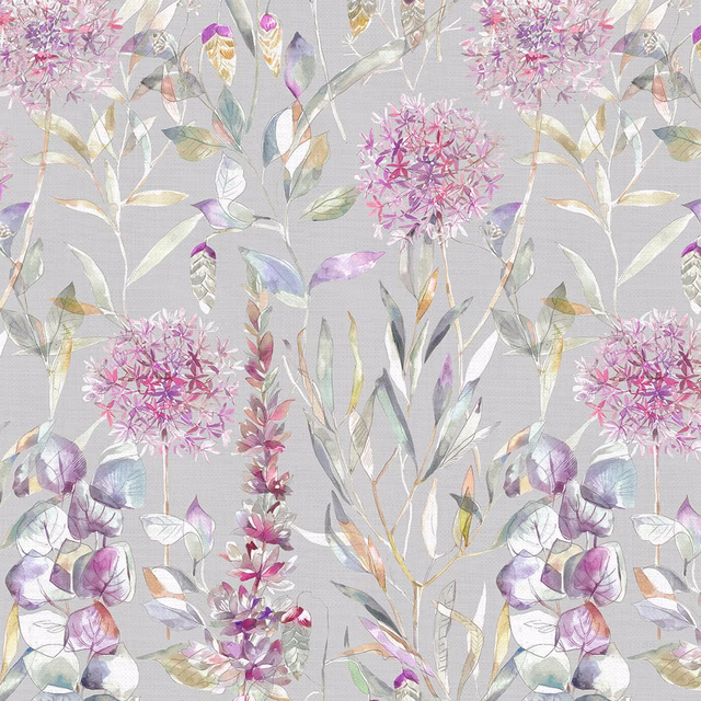 Painterly botanical fabric with lilac pink flowers and pale leaves on a grey ground