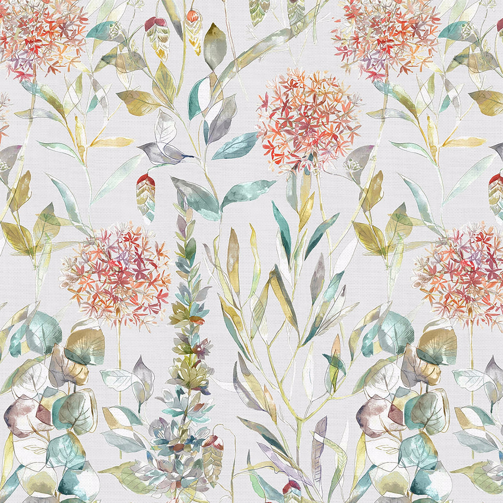 Painterly floral fabric with coral-red flower clusters and pale foliage on a light ground