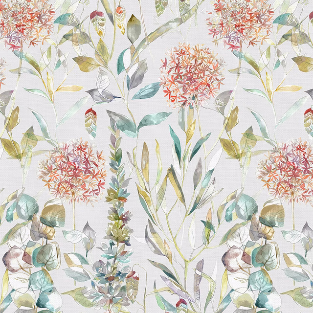Painterly floral fabric with coral-red flower clusters and pale foliage on a light ground
